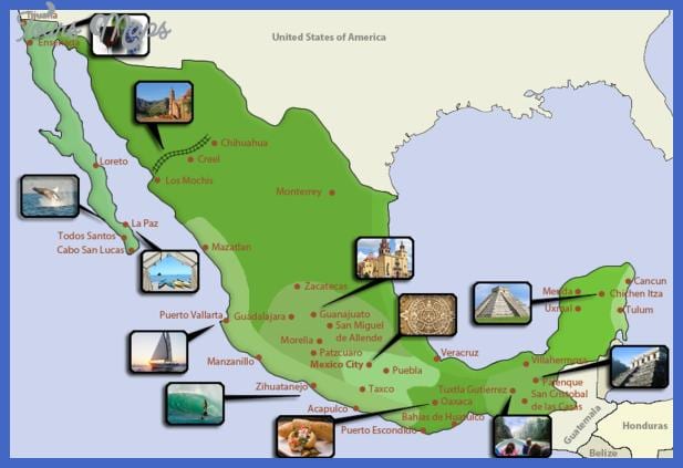 карта Мексікі турыстычных напрамкаў