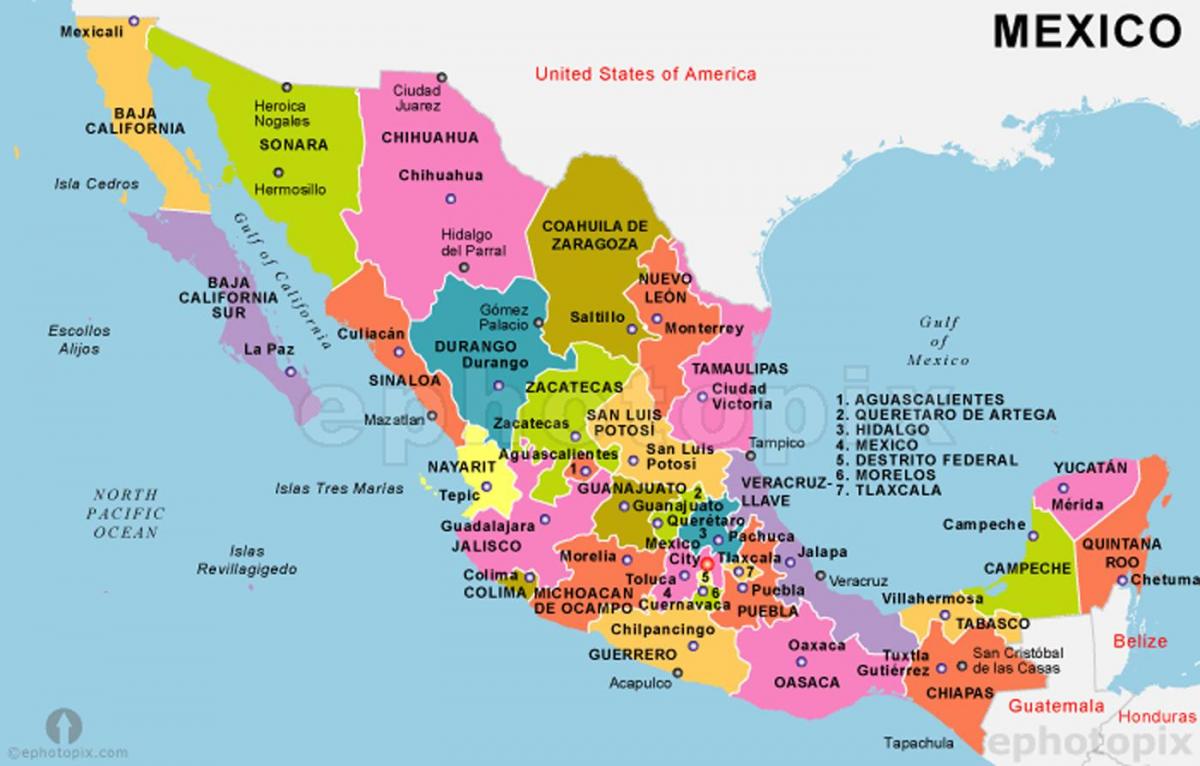 Мексіка карта дзяржаў і сталіц