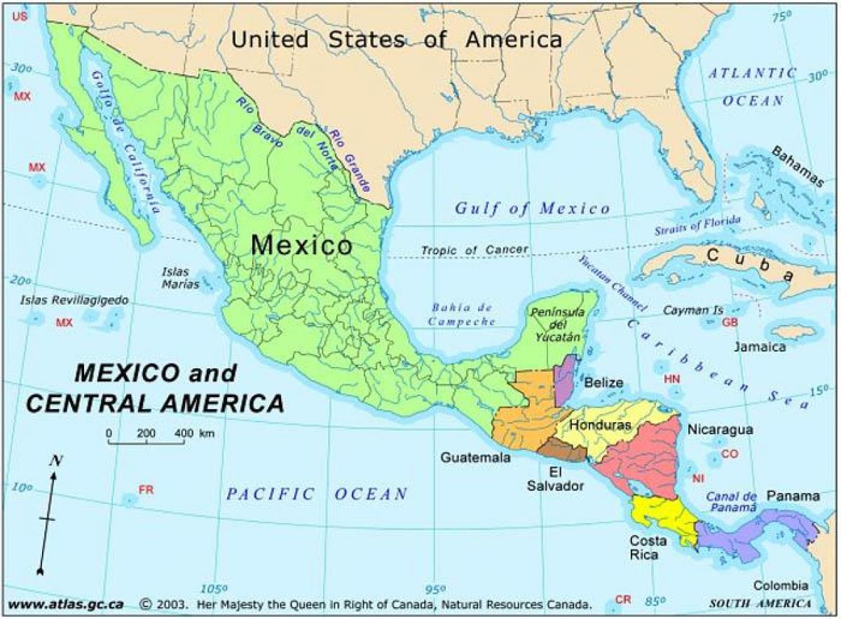 карту Мексікі і Цэнтральнай Амерыкі