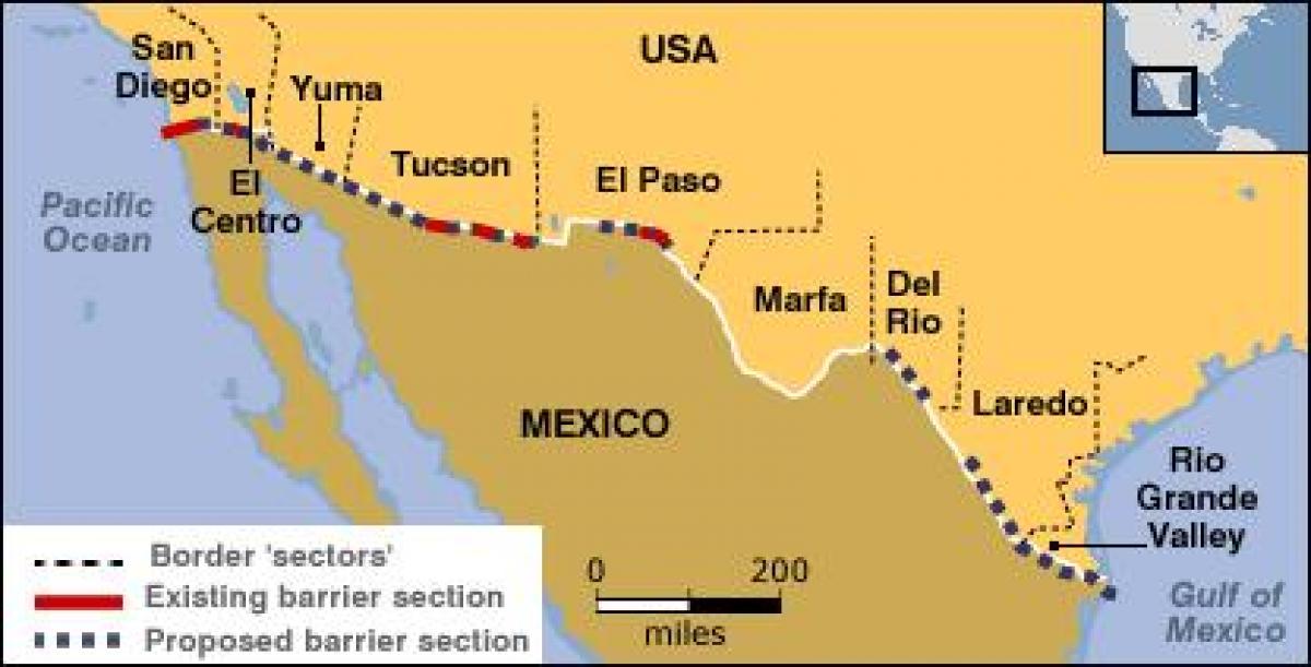 карта мексіканскай мяжы